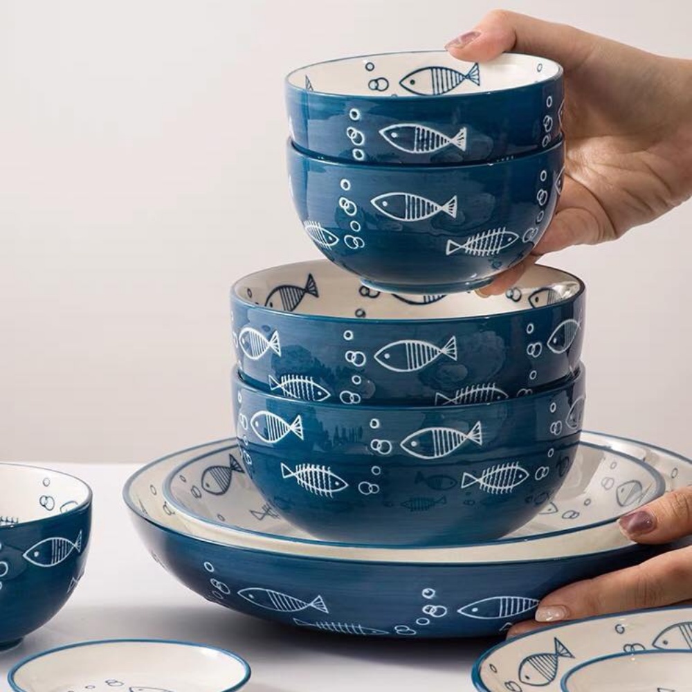 Bộ bát đĩa cá xanh lam nhẹ nhàng, tươi sáng