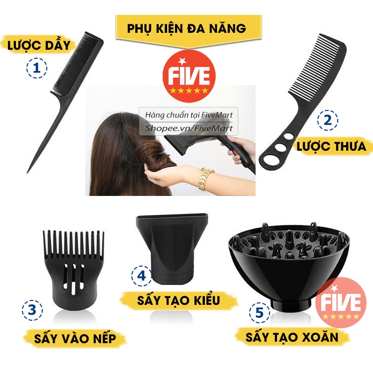 Máy sấy tóc KANING sấy 2 chiều 3 chế độ nhiệt tạo kiểu dễ dàng tặng kèm bộ 1 - 3 hoặc 5 phụ kiện tùy phân loại máy sấy