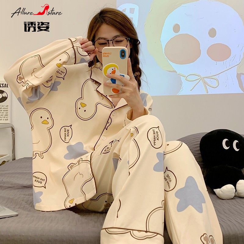 Bộ Đồ Ngủ Tay Dài Chất cotton In Họa Tiết Chú Vịt Dễ Thương Thời Trang Xuân Thu Cho Nữ 2022