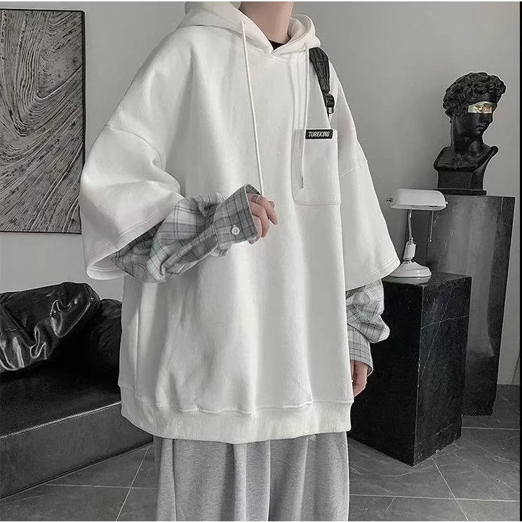 Áo Khoác Hoodie Giả Hai Lớp Form Rộng Họa Tiết Sọc Caro Phong Cách Hàn Quốc