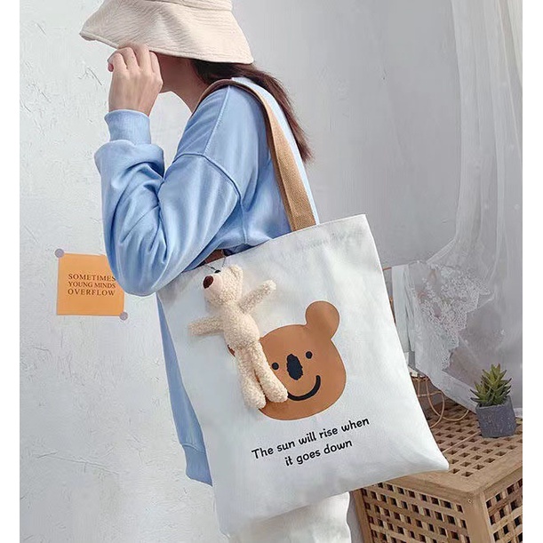 Túi xách vải tote bag túi vải canvas đeo vai totebag đi học giá rẻ gấu dâu hồng hoạt hình cute nL.Store T03