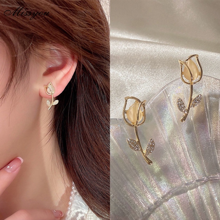 Đôi khuyên tai DODDER thiết kế hoa tulip đính đá mặt trăng nhân tạo thời trang cho nữ