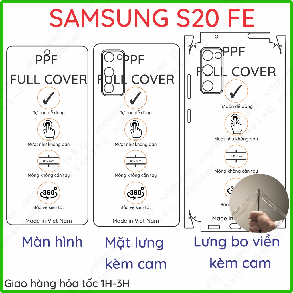 Dán PPF Samsung S20 FE loại trong, nhám dành cho màn hình, mặt lưng, full viền