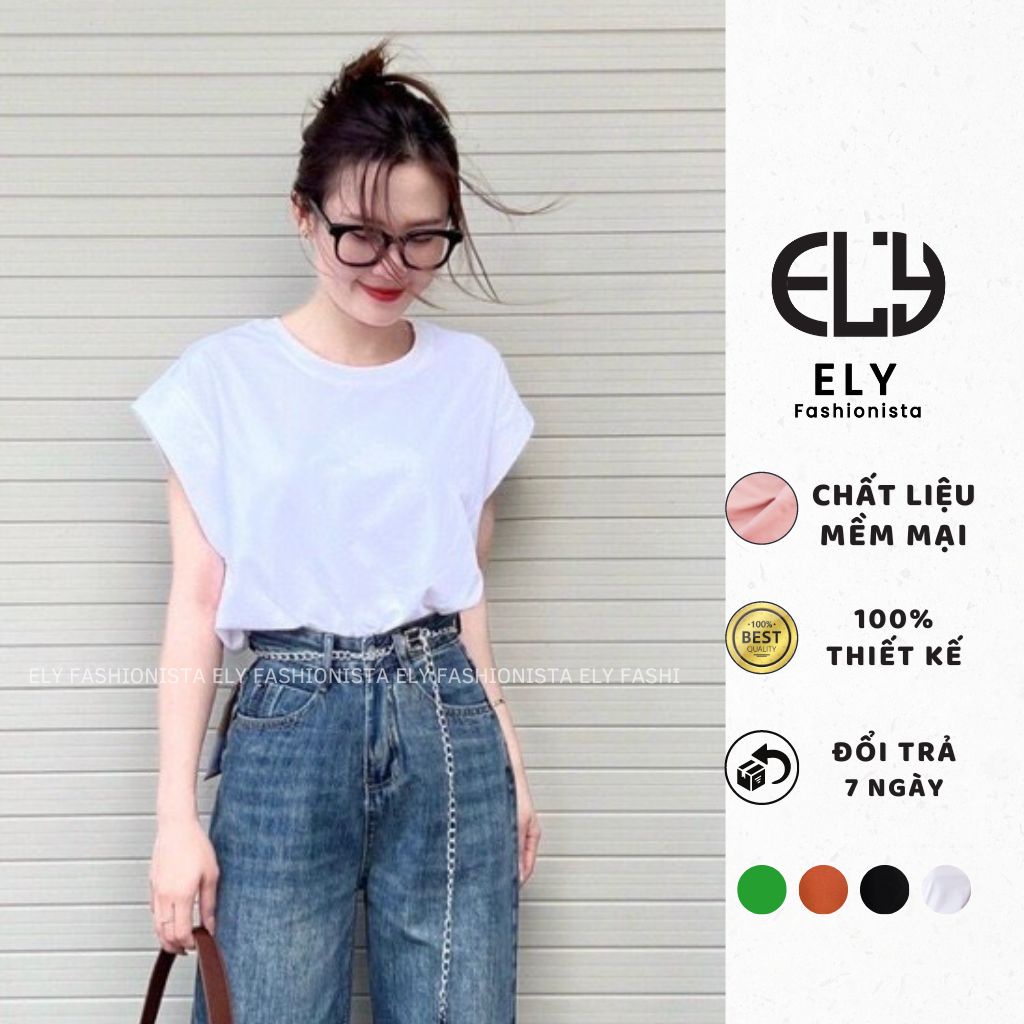 Áo thun nữ cộc tay cánh rơi kiểu phông  form rộng vải cotton đẹp màu trắng đen xanh nâu phong cách năng động ELY240.