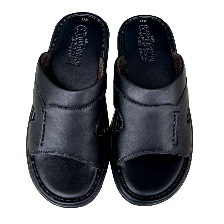 Dép da nam quai ngang da bò mau đen Trường Hải đế cao 3cm DNĐ125