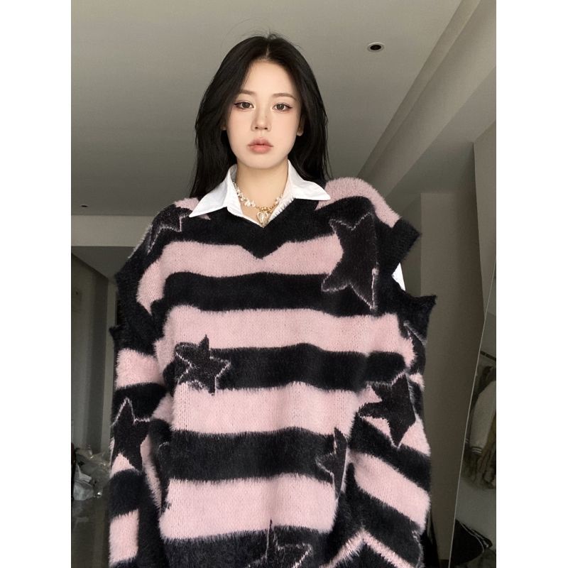 Bán Chạy Áo Sweater Dáng Rộng Mềm Mại Họa Tiết Kẻ Sọc Khâu Sáp Phong Cách Mới Mùa Thu Đông Dành Cho Học Sinh Nữ @