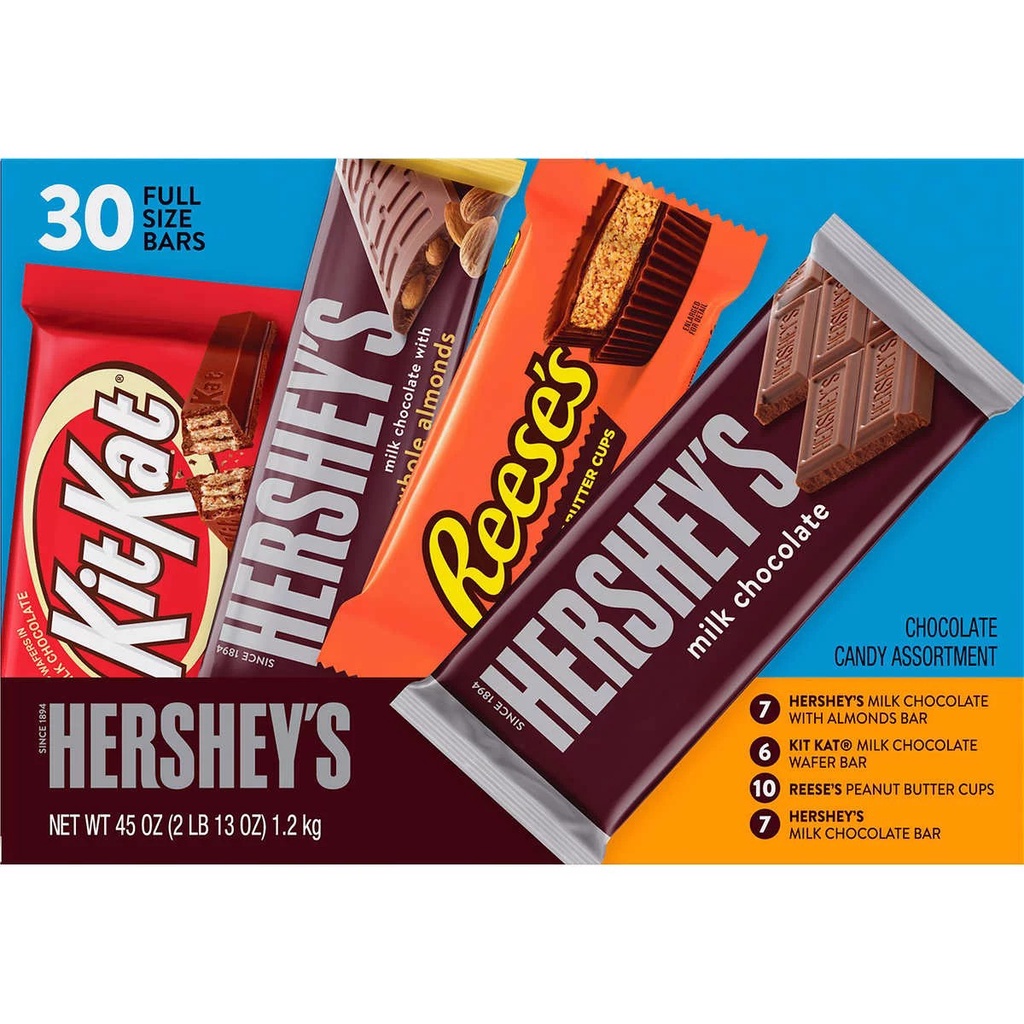 HỘP 30 THANH CHOCOLATE TỔNG HỢP 4 LOẠI HERSHEY'S 30 FULL SIZE BARS 1,2 KG - USA