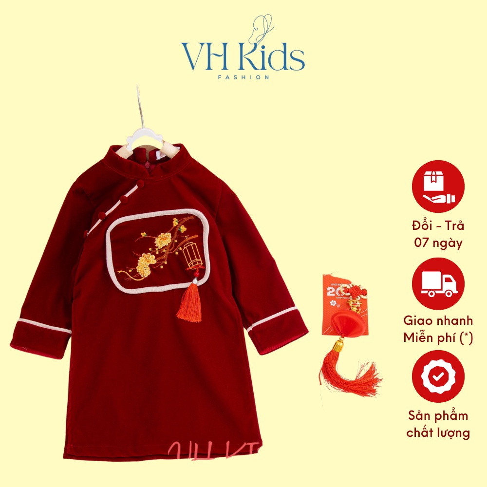 Áo dài cách tân bé trai VH Kids chât liệu nhung màu đỏ,vàng, xanh rêu cho trẻ em 1,2,3,4,5,6 tuổi