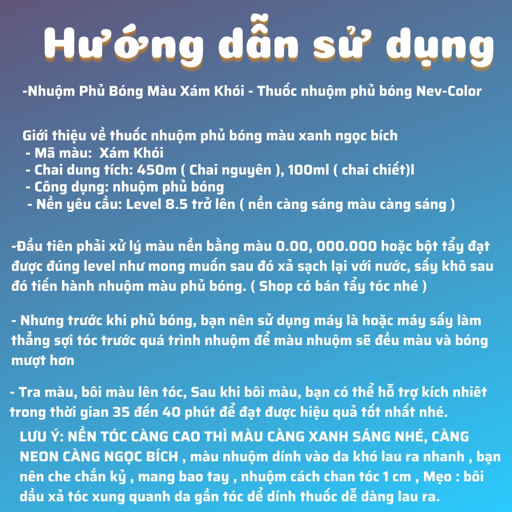 Nhuộm phủ bóng màu Xám Khói , thuốc nhuộm phủ bóng Nev-Color, nhuộm pha sẵn không hư hại tóc , 450ml , 100ml