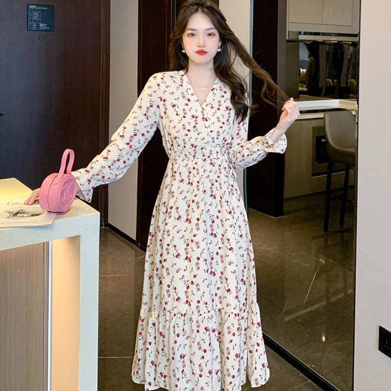 Đầm Voan Hoa Dài Tay Cổ Chữ V Thiết Kế Mới Thời Trang Mùa Thu Dành Cho Nữ