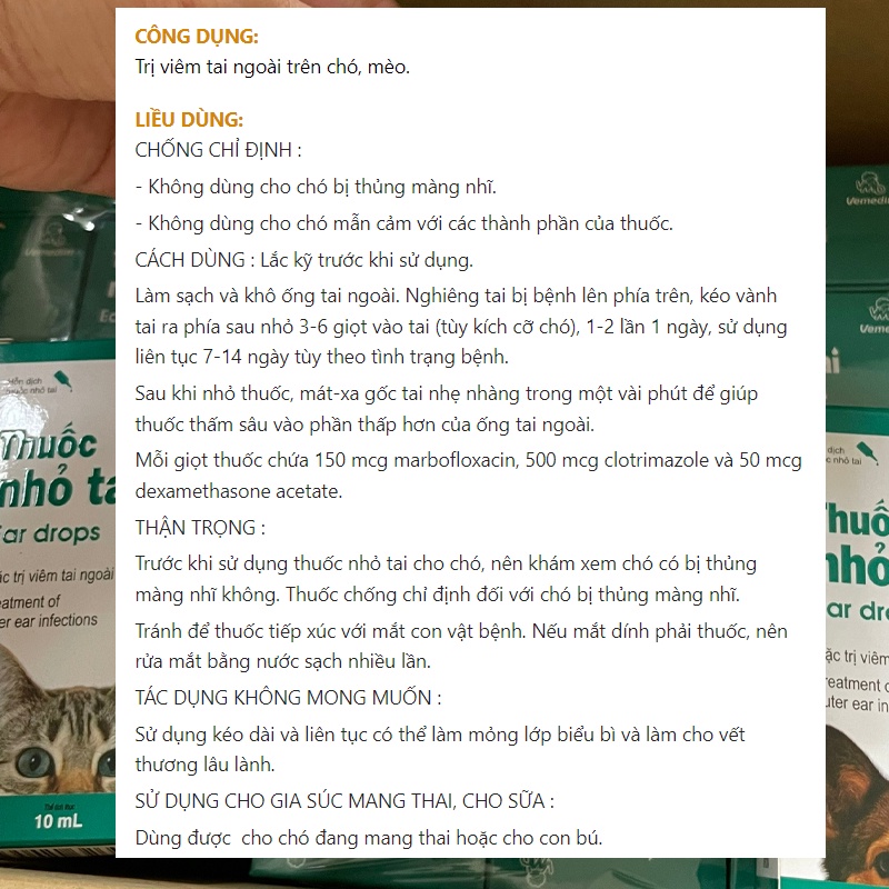 Dung Dịch Nhỏ Tai ear drops Vemedim Dành Cho Chó Mèo