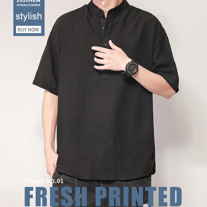 Áo Sơ Mi Ngắn Tay Cổ Đứng Phong Cách Nhật Bản Cho Nam