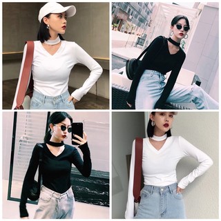 Áo kiểu thun croptop cổ tim phối lọ cực ngầu cá tính cho nữ