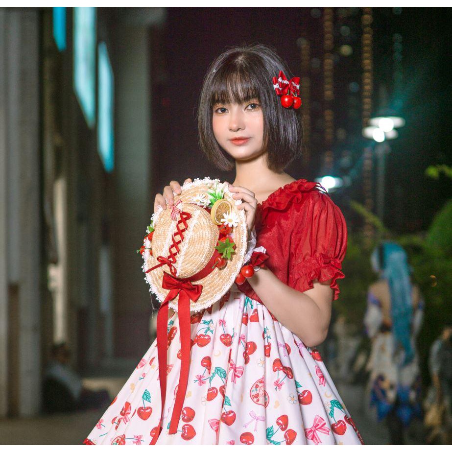 ⚡PHỤ KIỆN LOLITA ⚡ Mũ cói rộng vành và giỏ mây nhựa đính nơ/hoa/dâu tây ... phối ren phong cách Lolita nhật bản cho nữ