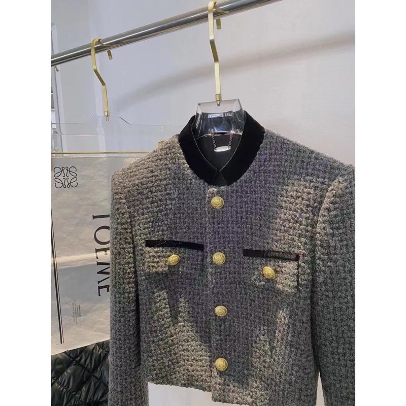 Áo khoác dạ tweed nữ dáng ngắn cổ trụ cúc đồng sang chảnh, phong cách Hàn Quốc có đệm vai- tay nhung hàng sẵn