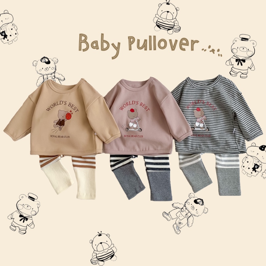 Áo Thun Tay Dài Cổ Tròn Kẻ Sọc Màu Trơn In Hình Gấu Hoạt Hình Dễ Thương Thời Trang Xuân Thu Cho Bé