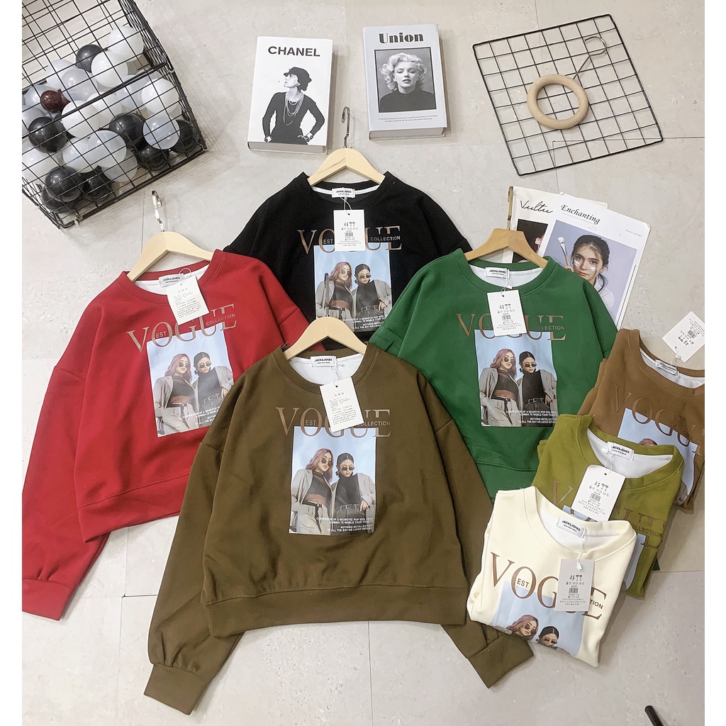 Áo sweater mùa đông nữ in hình cô gái chữ vogue chữ tay dài cổ tròn dáng vừa mặc thu đông, áo thun nỉ da cá nữ dễ mặc