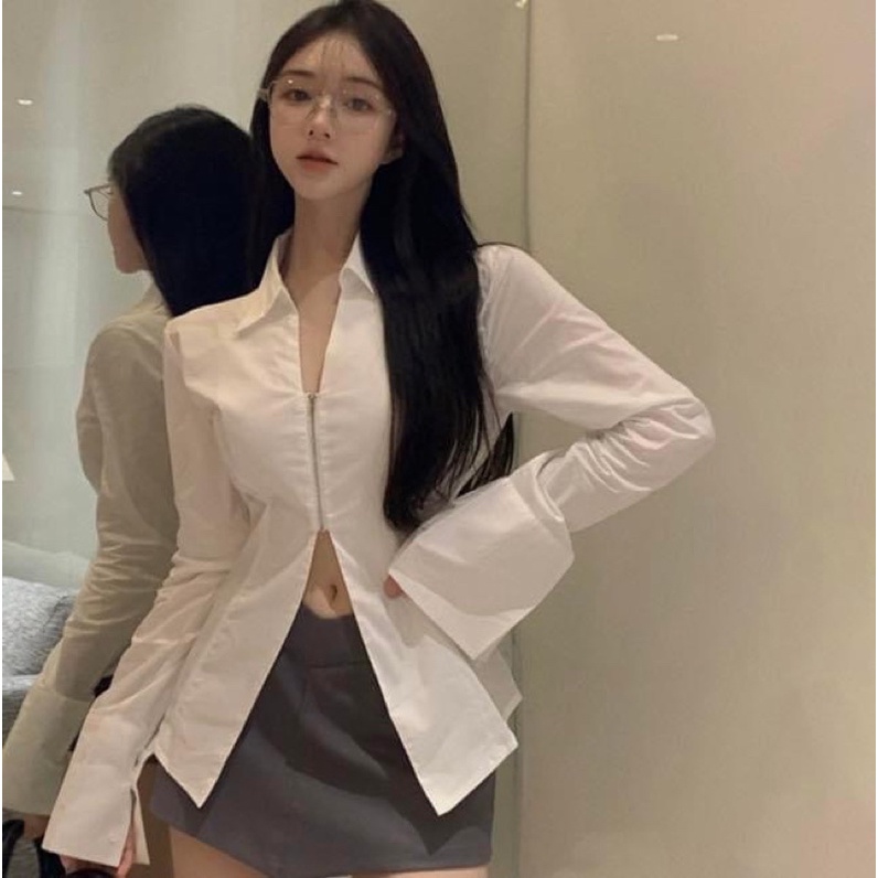 Áo sơ mi kiểu nữ trắng tay dài loe dây kéo zipper oversize - Order taobao quảng châu