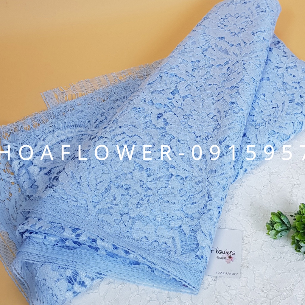 Vải ren may váy áo màu xanh da trời, có chân tua rua 150x150cm, Maihoaflower