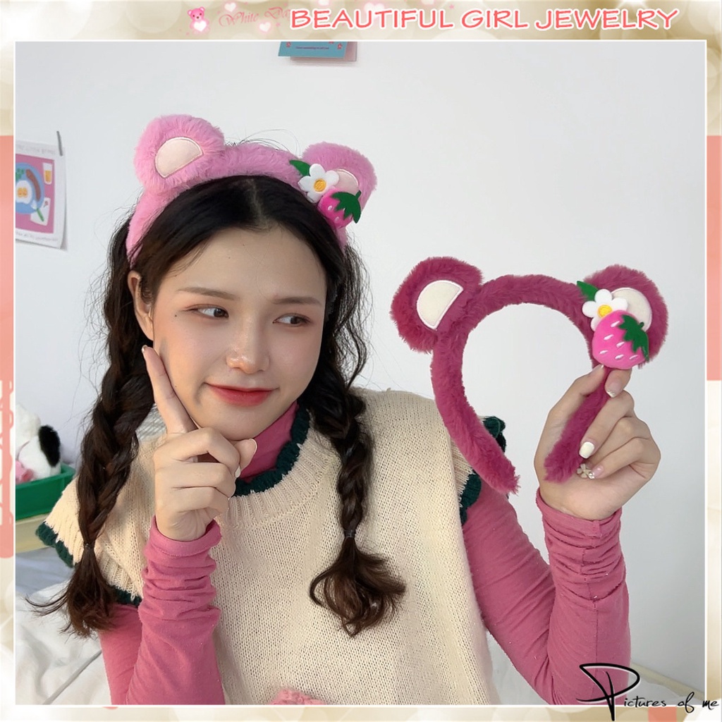 Băng Đô Cài Tóc Hình Gấu / Dâu Tây Bằng Lông Nhung Phong Cách Hàn Quốc