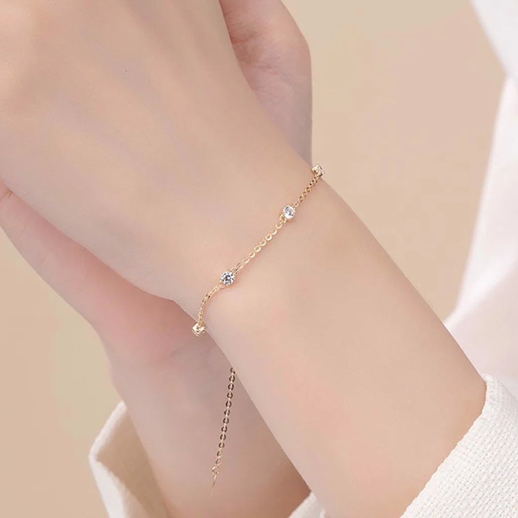 Lắc Tay Vàng Vàng 14K Thiết Kế Họa Tiết Đơn Giản Đính Đá CZ Cao Cấp Lấp Lánh LLF179 Huy Thanh Jewelry