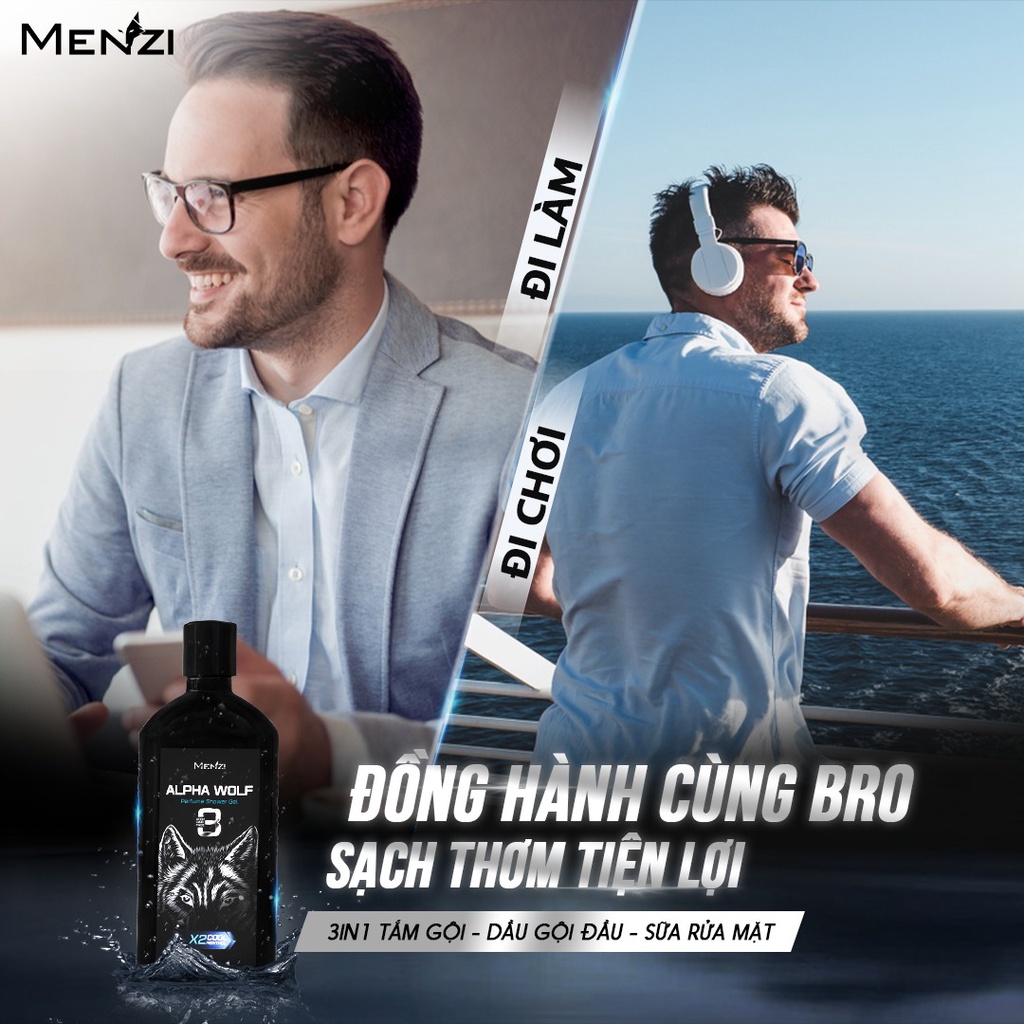 Sữa Tắm Gội Menzi 3 trong 1, Ngừa Gàu, 6H Lưu Hương Nước Hoa Pháp 330ml/chai