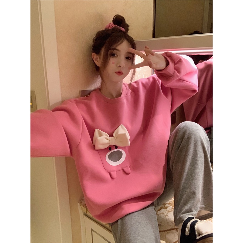 Porozi Áo sweater  tay dài cổ tròn đính nơ phong cách Hàn Quốc xinh xắn cho nữ
