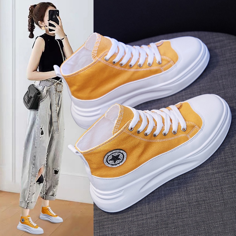 Giày Vải Canvas Cổ Cao Màu Trắng Phong Cách Hàn Quốc Mới 2022 Tăng Chiều Cao D33 KLZG