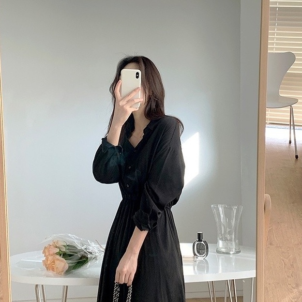 Đầm SUXI dáng chữ A tay dài màu sắc đơn giản thời trang Hàn Quốc dành cho nữ