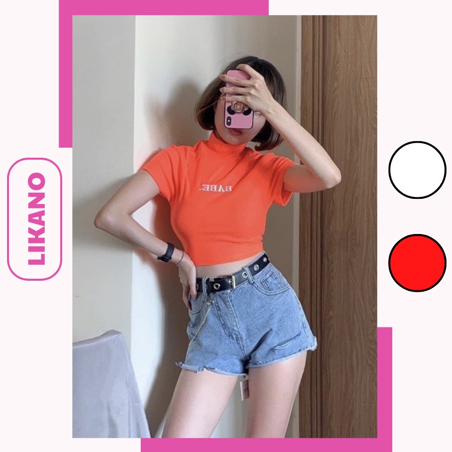 Áo croptop cổ lọ thêu chữ BABE 5 màu LIKANO CRT35