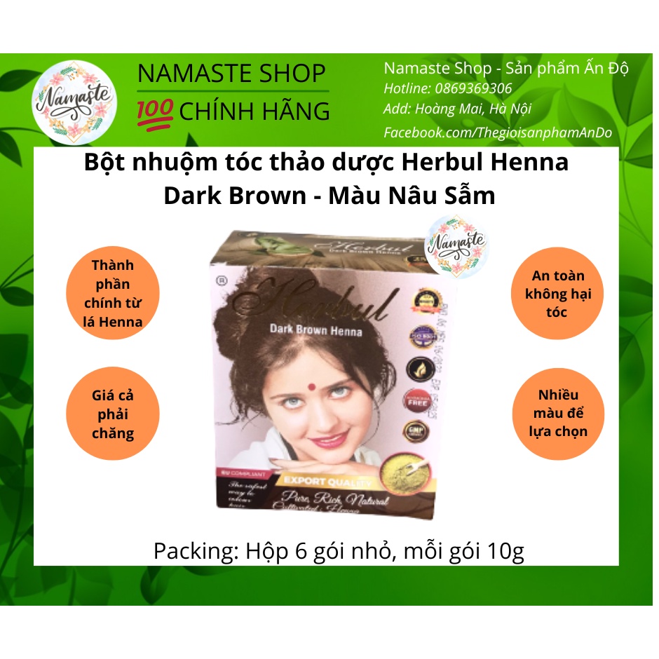 Bột nhuộm tóc thảo dược Herbul Dark Brown Henna - Màu Nâu Sẫm [TẶNG GĂNG TAY + MŨ TRÙM ĐẦU]