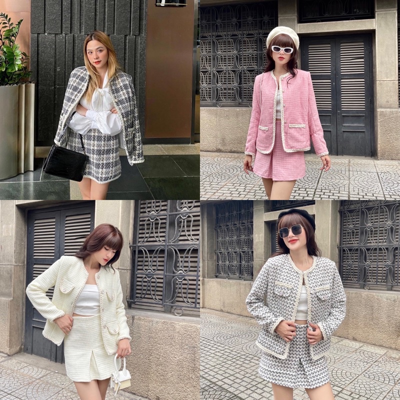 Set áo khoác dạ tweed cổ tròn dáng dài kèm chân váy chữ A hồng/trắng/caro -Audrey Studio