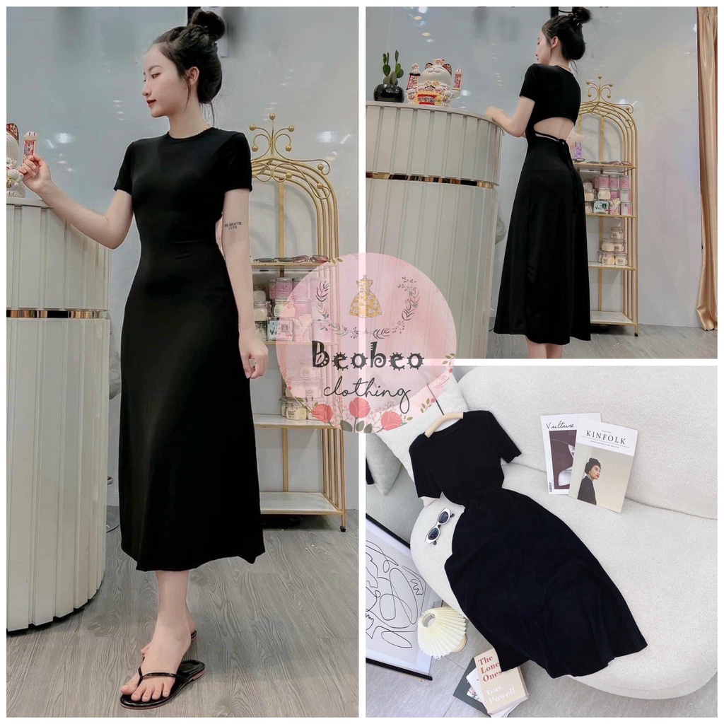 Đầm midi thun gân đen cut out lưng thắt dây vintage