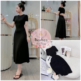 [Ảnh thật] Đầm midi thun gân đen cut out lưng thắt dây vintage