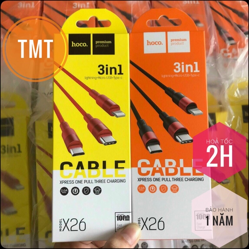 Dây Sạc 3 Đầu Hoco X26 cổng IP, Micro Android, Type C Android dài 1M
