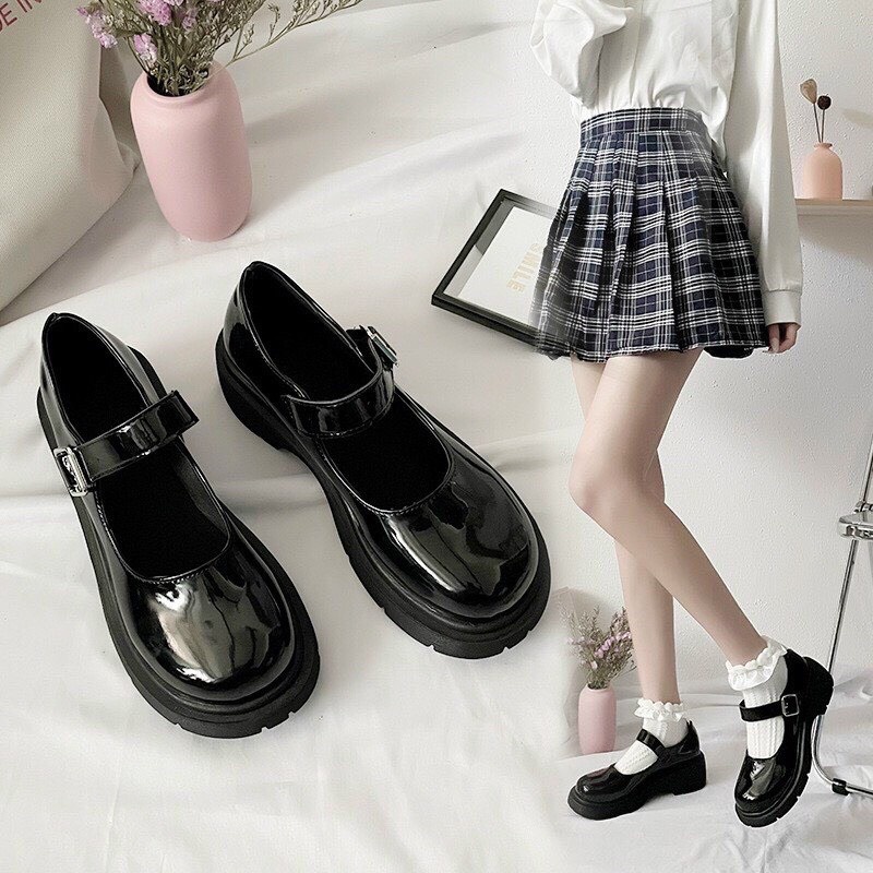 Giày búp bê Lolita gót vuông 4cm da lì bóng đế cao bánh mỳ mũi tròn học sinh hàng quảng châu - Giày oxford nữ