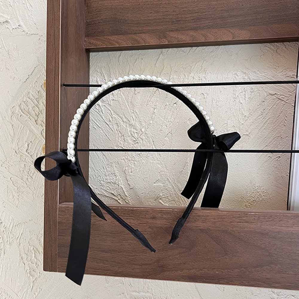 Băng Đô Nơ Cài Tóc Bằng Satin Đính Ngọc Trai Đen Phong Cách Hàn Quốc Thanh Lịch Dành Cho Nữ