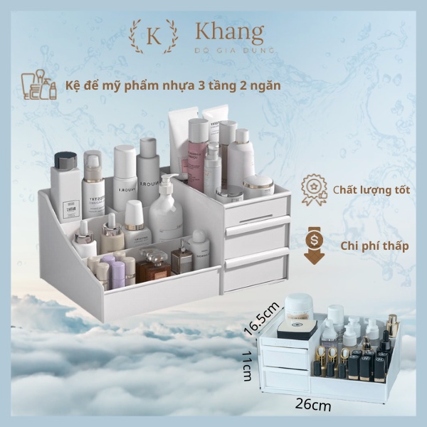 Kệ mỹ phẩm nhựa - Kệ để đồ trang điểm bằng nhựa 3 tầng 2 ngăn (K3T)