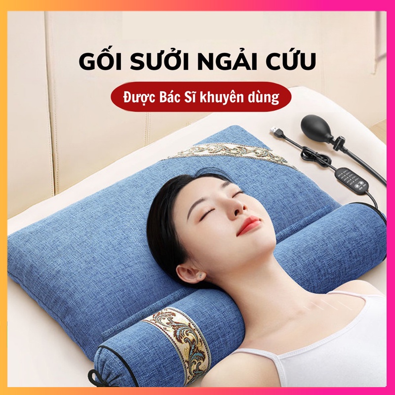 Gối Sưởi Điện , Gối Ngải Cứu Thảo Dược 2 In 1 Chườm Nóng Giảm Mệt, Giảm Đau Mỏi Vai Gáy, Chống Gù