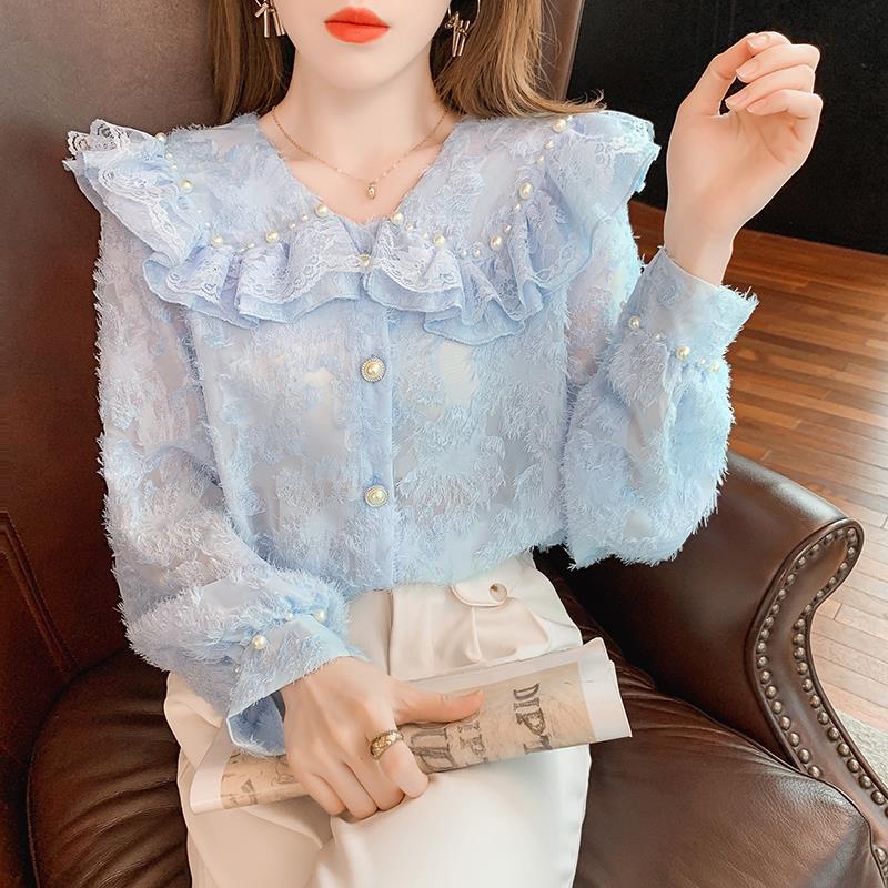 Áo Sơ Mi Tay Dài Viền Ren Đính Hạt Cườm Cổ Búp Bê Phong Cách Công Nghiệp Hàn Quốc Thời Trang Xuân Thu 2022