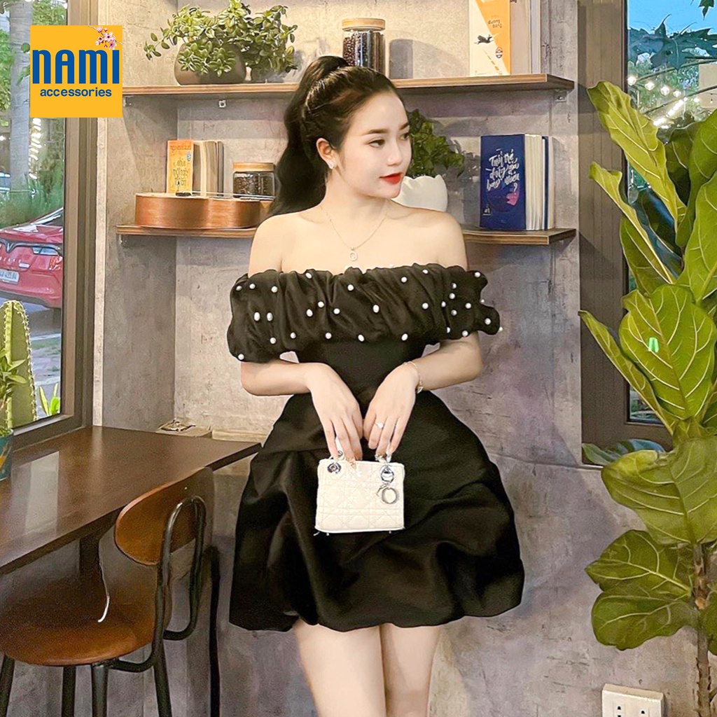 Đầm xoè phồng tùng bí trễ vai tơ lụa kết ngọc Nanami phong cách tiểu thư gợi cảm thích hợp tiệc tùng sang trọng- ATNU062