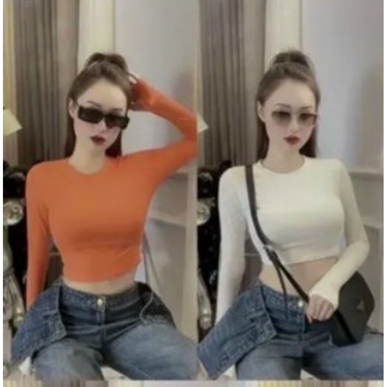 Áo thun croptop cổ tròn tay dài Xỏ Ngón Full màu A15
