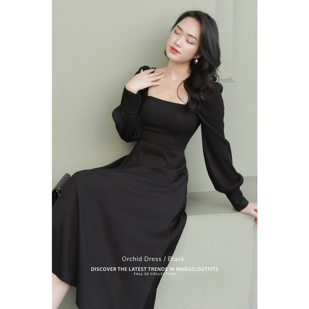 Váy Midi chữ A thiết kế, cổ vuông, dài tay, chất liệu thun gân - 𝐎𝐫𝐜𝐡𝐢𝐝 𝐃𝐫𝐞𝐬𝐬