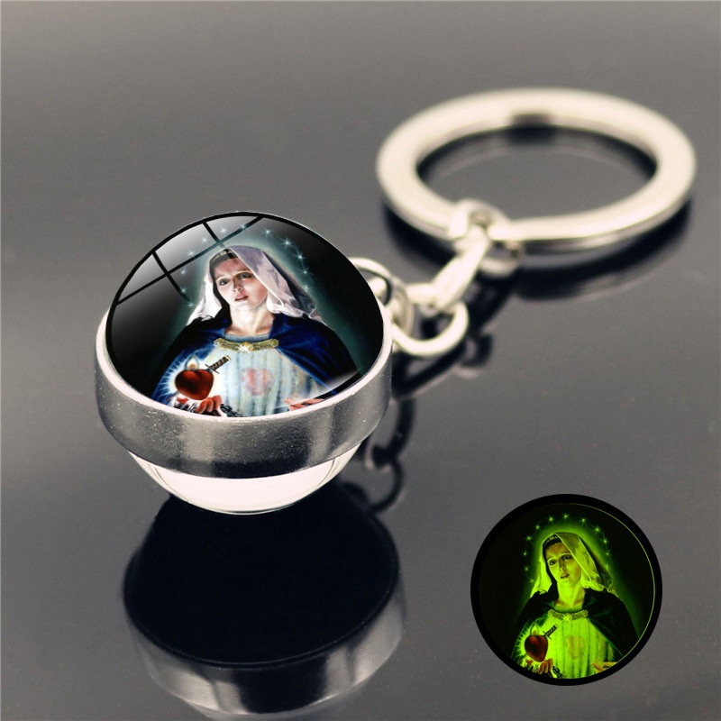 Móc Khóa Quả Cầu Thủy Tinh Cabochon Hai Mặt Phát Sáng Trong Bóng Tối In Hình Chúa Jesus