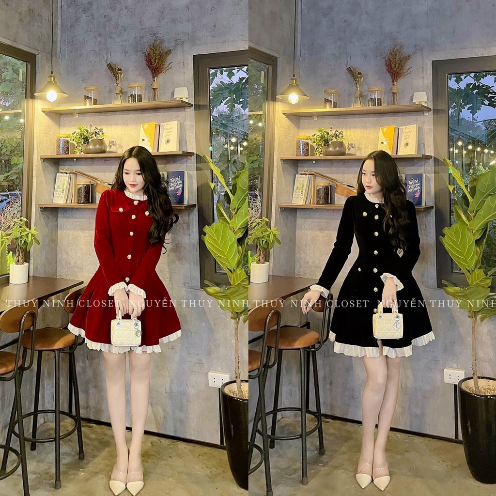 (Miễn Phí Ship) Siêu phẩm đầm dự tiệc dáng xòe,đầm nhung tay dài cổ trong phối bèo,đính nút giữa cực sang,lên from chuân