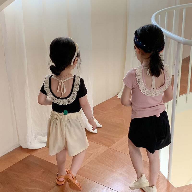 Áo Thun Tay Ngắn Phối Ren Và Nơ Dễ Thương Phong Cách Hàn Quốc Cho Bé Gái