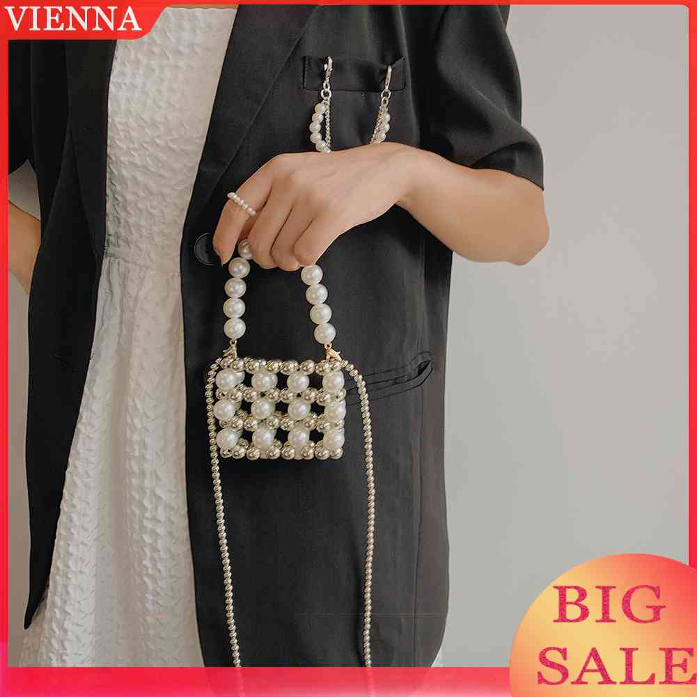 Túi Xách Đeo Chéo Đính Hạt Ngọc Trai Hình Vuông Mini Cho Nữ