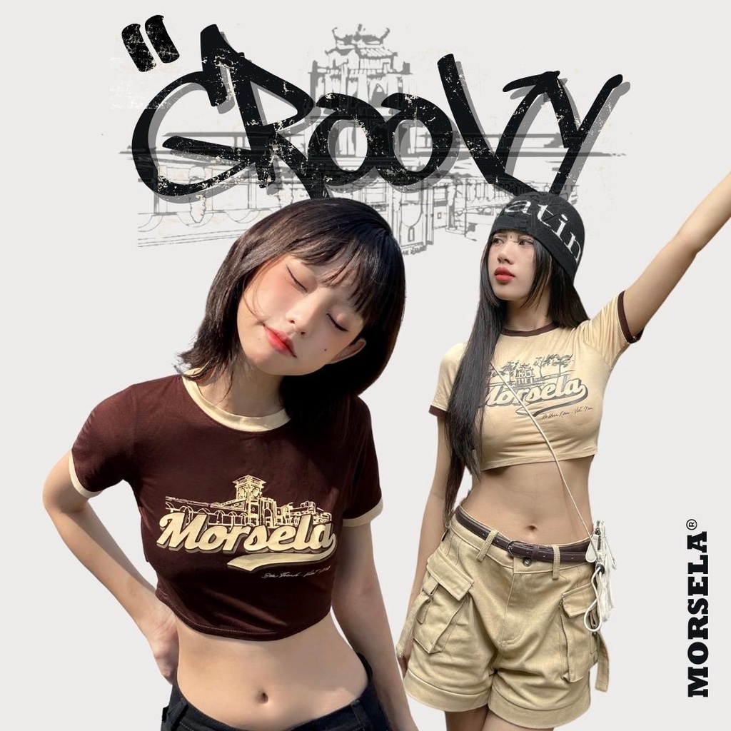 Áo croptop 𝐆𝐑𝐎𝐎𝐕𝐘 form ôm tay ngắn - phong cách y2k hiện đại