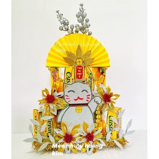 Phụ kiện mèo Hoàng kim trang trí bánh nước ngọt tết, Đồ trang trí thap, phụ kiện trang trí giỏ quà tết