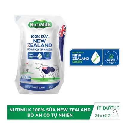 Thùng 24 Túi NutiMilk 100% Sữa New Zealand Bò Ăn Cỏ Tự Nhiên Ít Đường Túi Ecolean 250ml